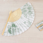 5 - Pack Paper Folding Fans Party Favors in White & Sage Green French Toile Pattern, Handheld Fans with Bamboo Frame - Bell Racket Store