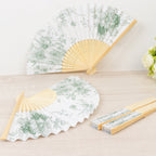 5 - Pack Paper Folding Fans Party Favors in White & Sage Green French Toile Pattern, Handheld Fans with Bamboo Frame - Bell Racket Store