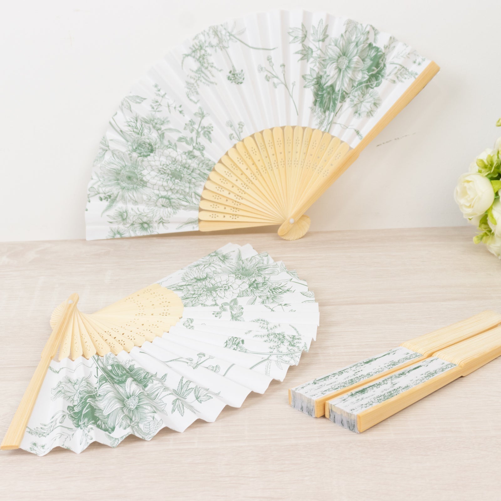 5 - Pack Paper Folding Fans Party Favors in White & Sage Green French Toile Pattern, Handheld Fans with Bamboo Frame - Bell Racket Store