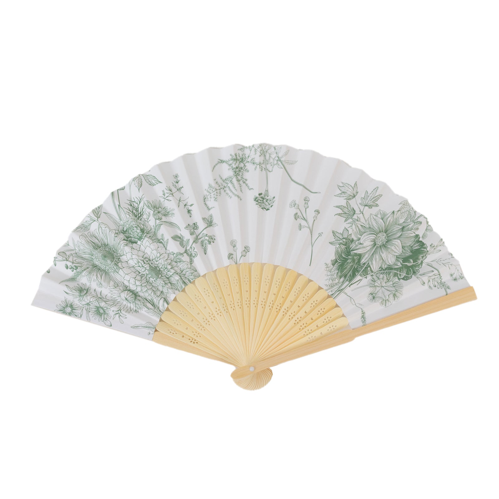 5 - Pack Paper Folding Fans Party Favors in White & Sage Green French Toile Pattern, Handheld Fans with Bamboo Frame - Bell Racket Store