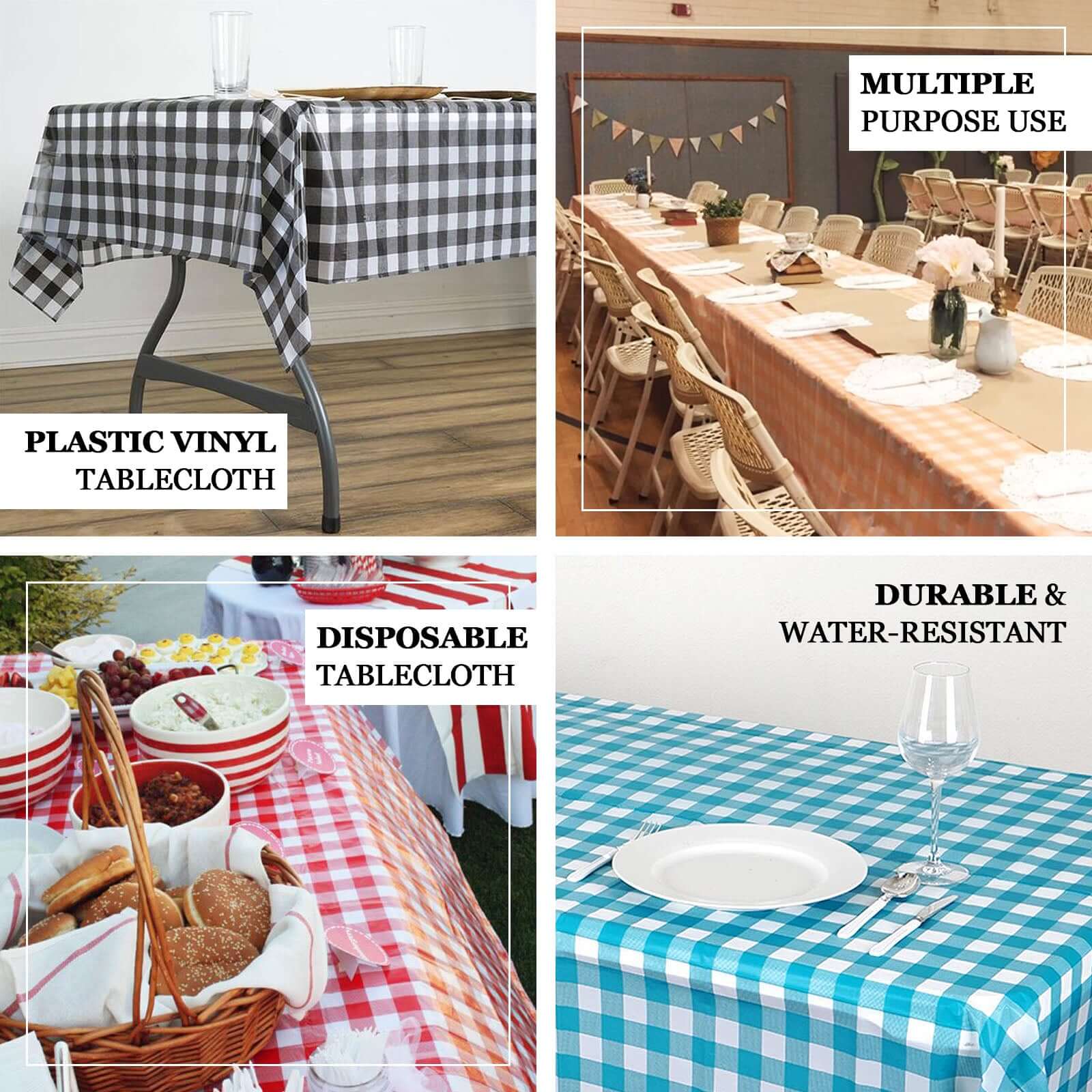 5 - Pack Plastic Table Covers Black Checkered Rectangle - Durable PVC Disposable Covers for Events 54"x108" - Bell Racket Store