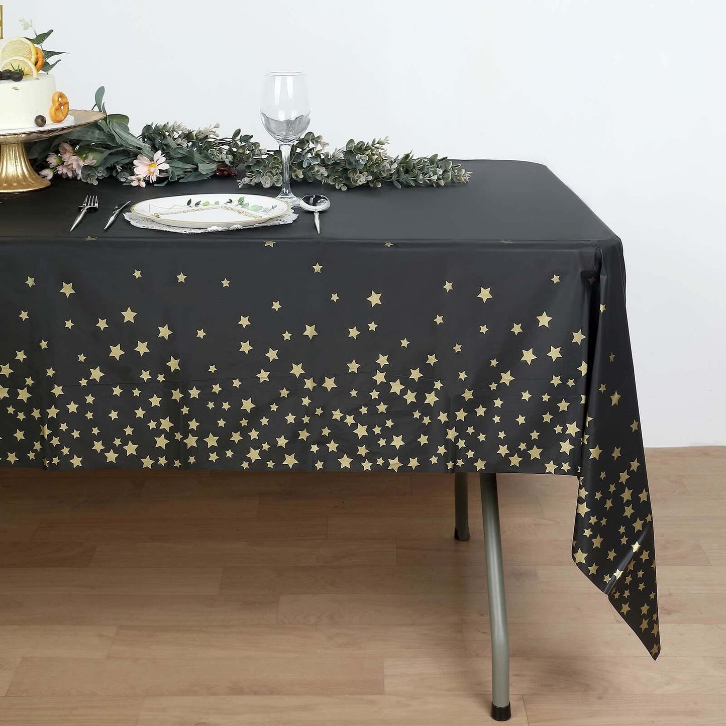 5 - Pack Plastic Table Covers Black Rectangle with Gold Stars - Decorative PVC Disposable Tablecloths 54"x108" - Bell Racket Store