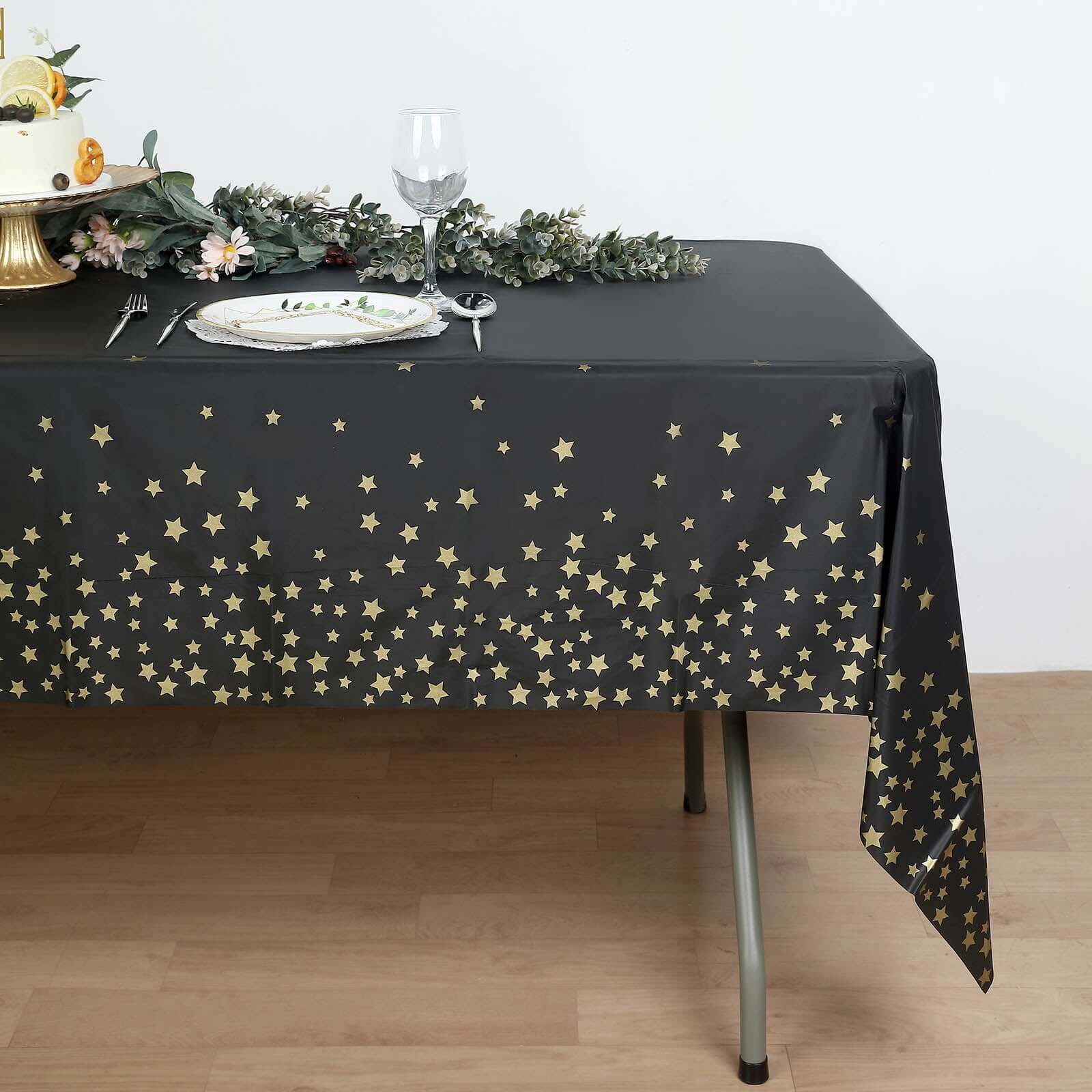 5 - Pack Plastic Table Covers Black Rectangle with Gold Stars - Decorative PVC Disposable Tablecloths 54"x108" - Bell Racket Store