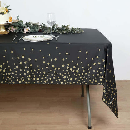 5 - Pack Plastic Table Covers Black Rectangle with Gold Stars - Decorative PVC Disposable Tablecloths 54"x108" - Bell Racket Store