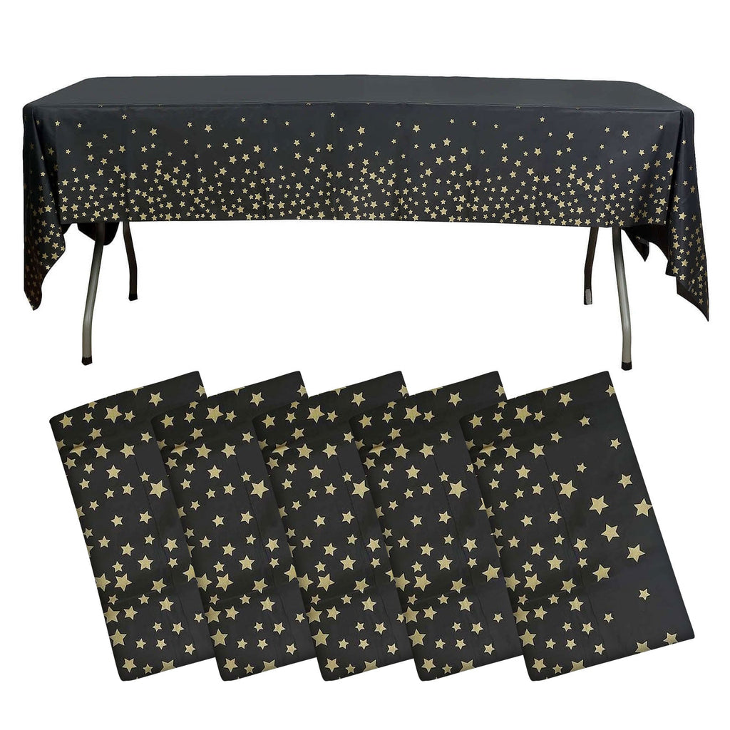 5 - Pack Plastic Table Covers Black Rectangle with Gold Stars - Decorative PVC Disposable Tablecloths 54"x108" - Bell Racket Store