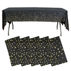 5 - Pack Plastic Table Covers Black Rectangle with Gold Stars - Decorative PVC Disposable Tablecloths 54"x108" - Bell Racket Store