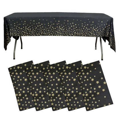 5 - Pack Plastic Table Covers Black Rectangle with Gold Stars - Decorative PVC Disposable Tablecloths 54"x108" - Bell Racket Store
