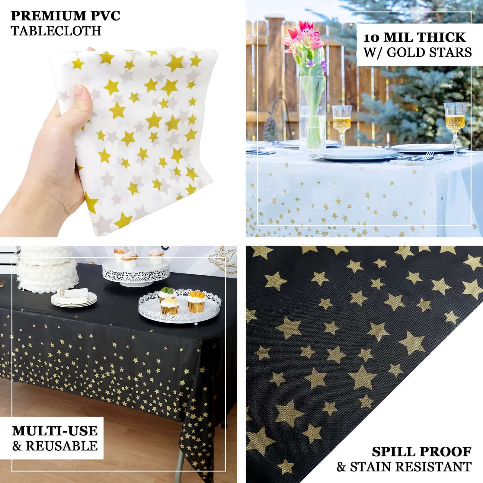 5 - Pack Plastic Table Covers Black Rectangle with Gold Stars - Decorative PVC Disposable Tablecloths 54"x108" - Bell Racket Store