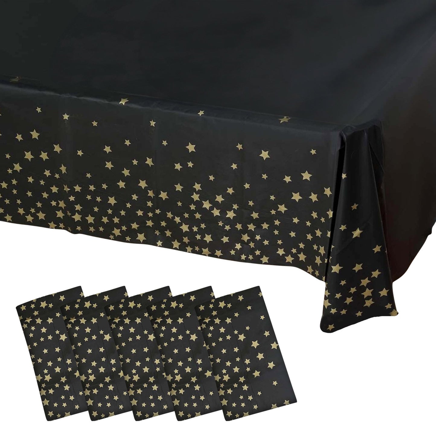 5 - Pack Plastic Table Covers Black Rectangle with Gold Stars - Decorative PVC Disposable Tablecloths 54"x108" - Bell Racket Store
