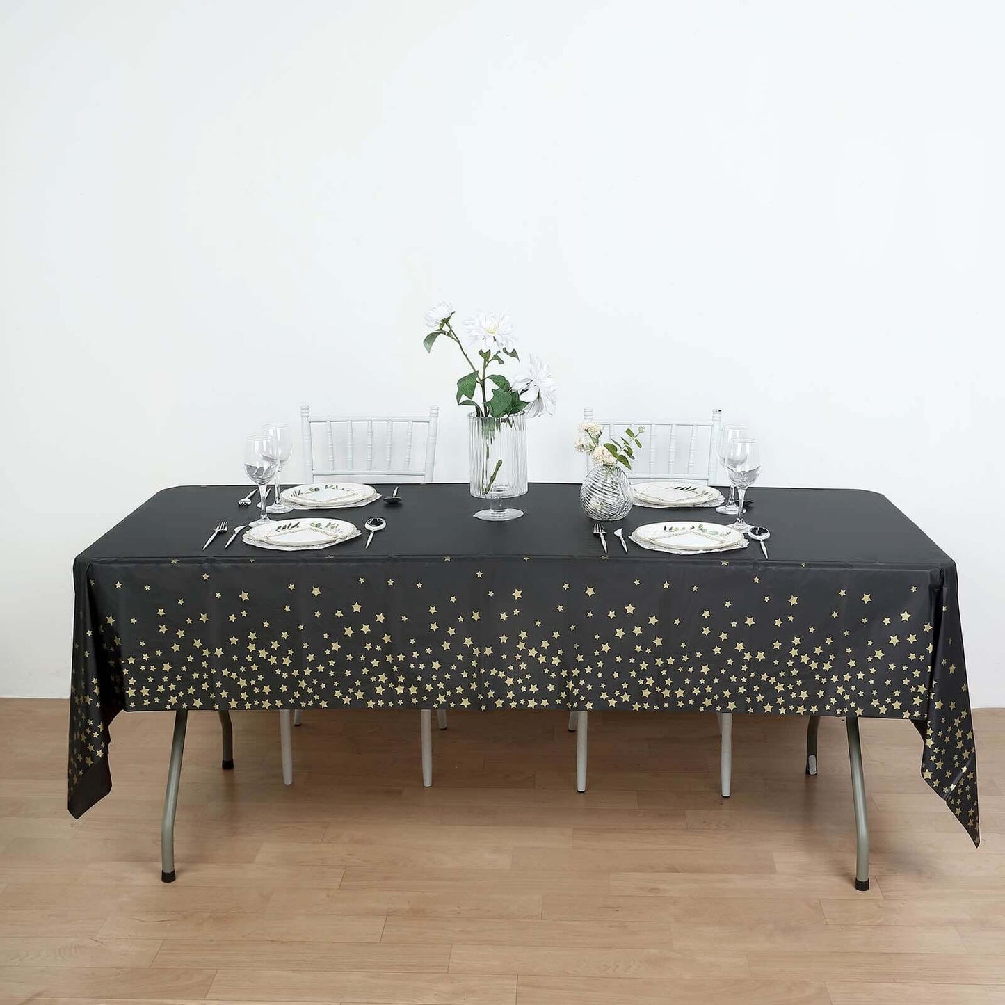 5 - Pack Plastic Table Covers Black Rectangle with Gold Stars - Decorative PVC Disposable Tablecloths 54"x108" - Bell Racket Store