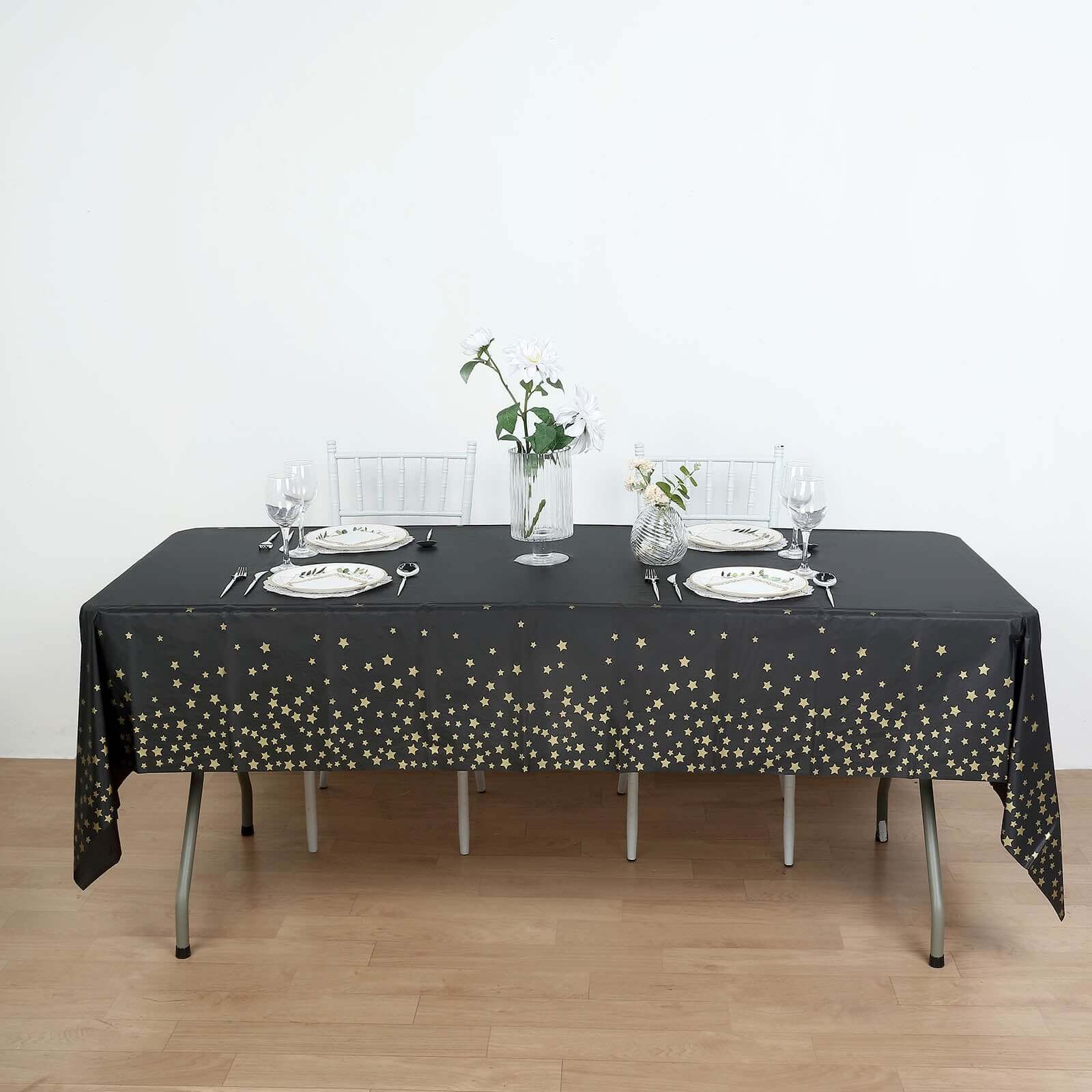 5 - Pack Plastic Table Covers Black Rectangle with Gold Stars - Decorative PVC Disposable Tablecloths 54"x108" - Bell Racket Store