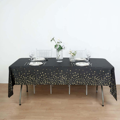 5 - Pack Plastic Table Covers Black Rectangle with Gold Stars - Decorative PVC Disposable Tablecloths 54"x108" - Bell Racket Store