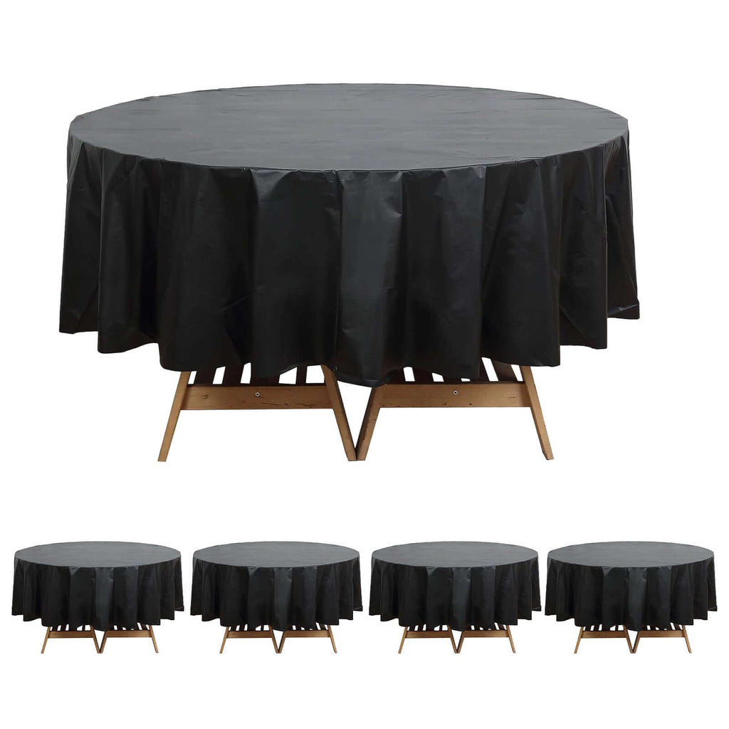 5 - Pack Plastic Table Covers Black Round - Durable PVC Disposable Tablecloths for Events 84" - Bell Racket Store