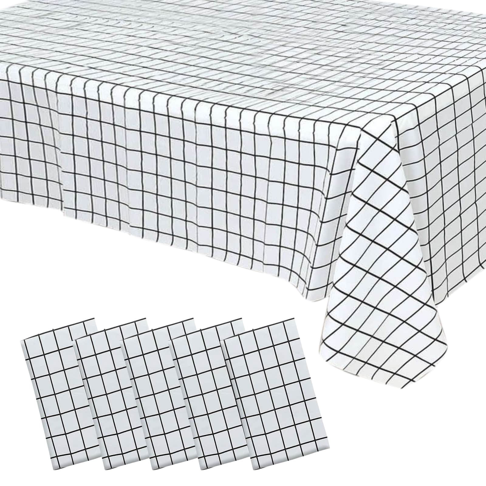 5 - Pack Plastic Table Covers Black/White Grid Rectangle - Durable Checkered PVC Disposable Tablecloths 54"x108" - Bell Racket Store