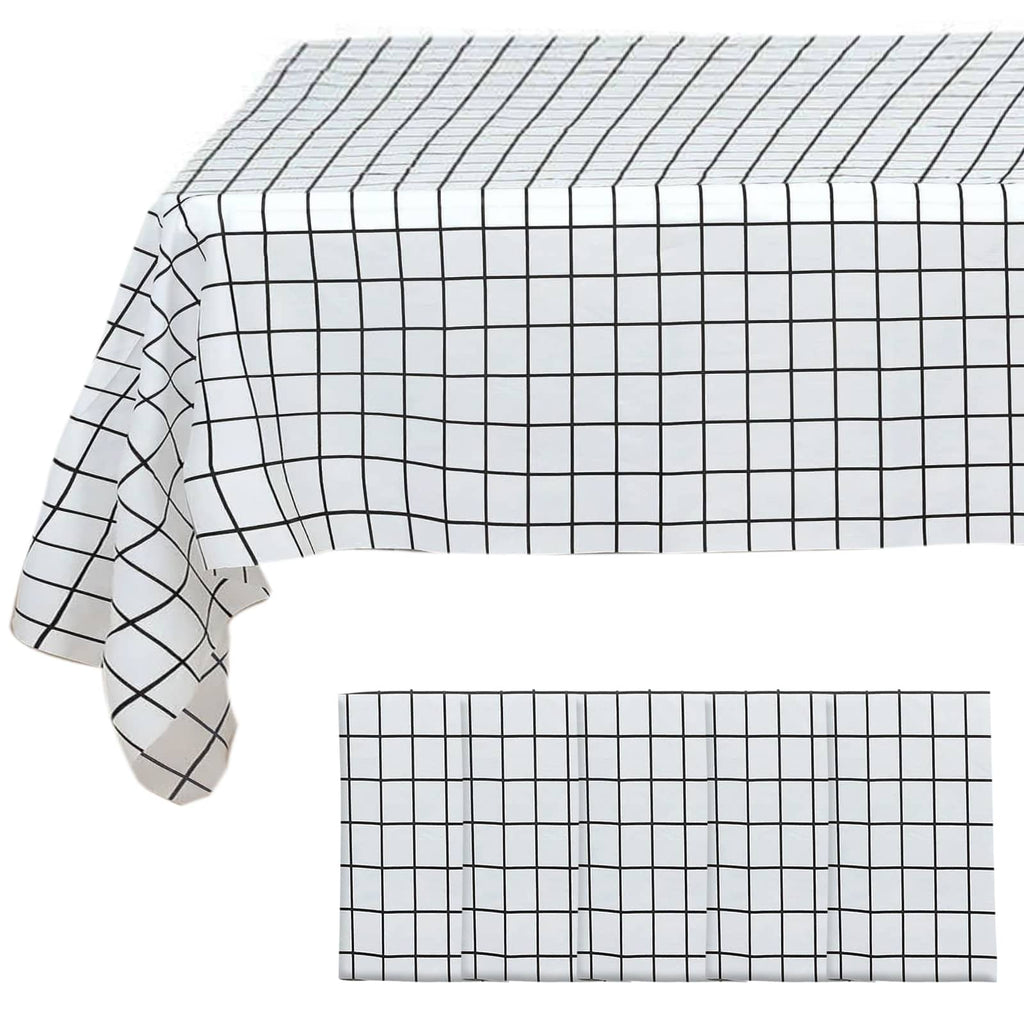 5 - Pack Plastic Table Covers Black/White Grid Rectangle - Durable Checkered PVC Disposable Tablecloths 54"x108" - Bell Racket Store