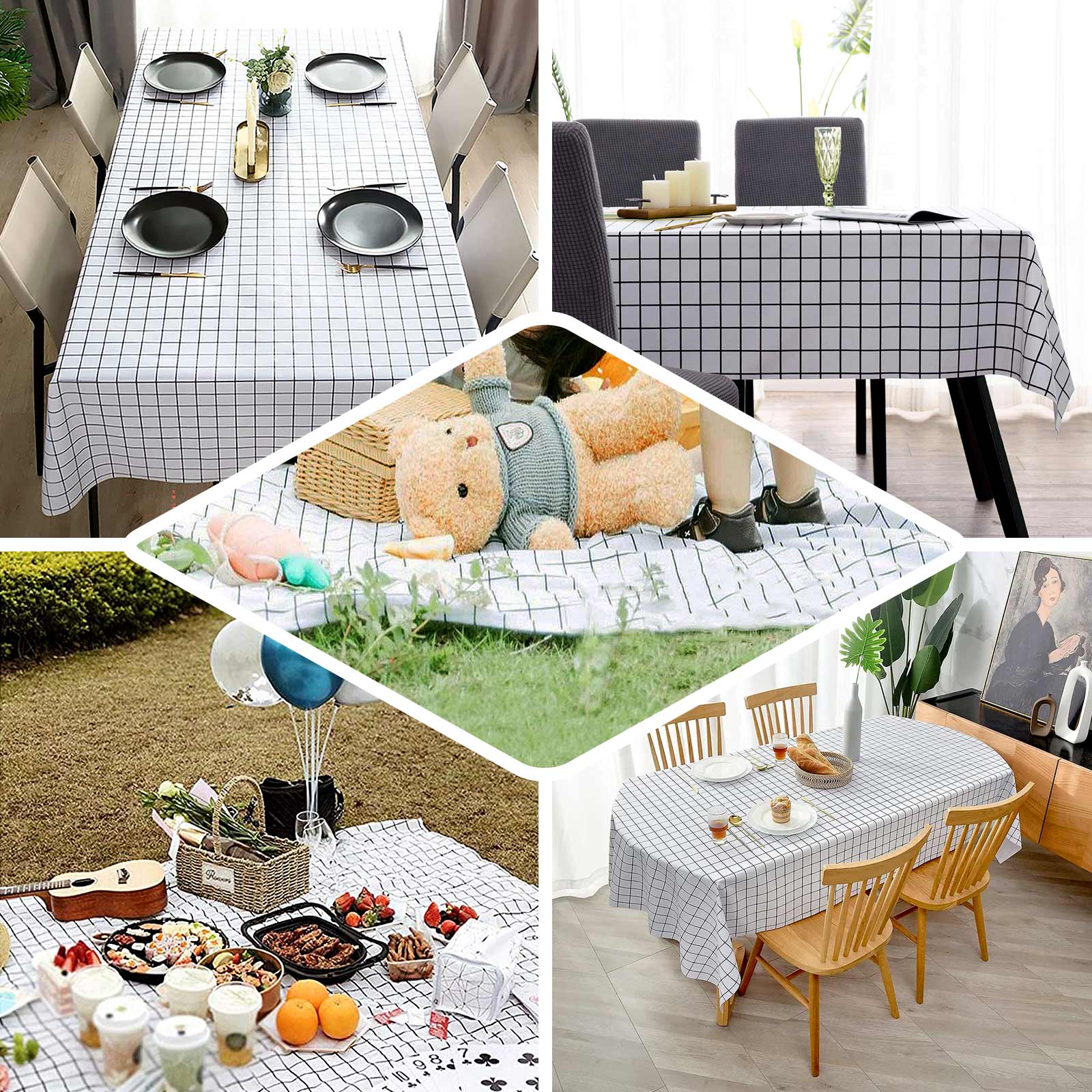 5 - Pack Plastic Table Covers Black/White Grid Rectangle - Durable Checkered PVC Disposable Tablecloths 54"x108" - Bell Racket Store