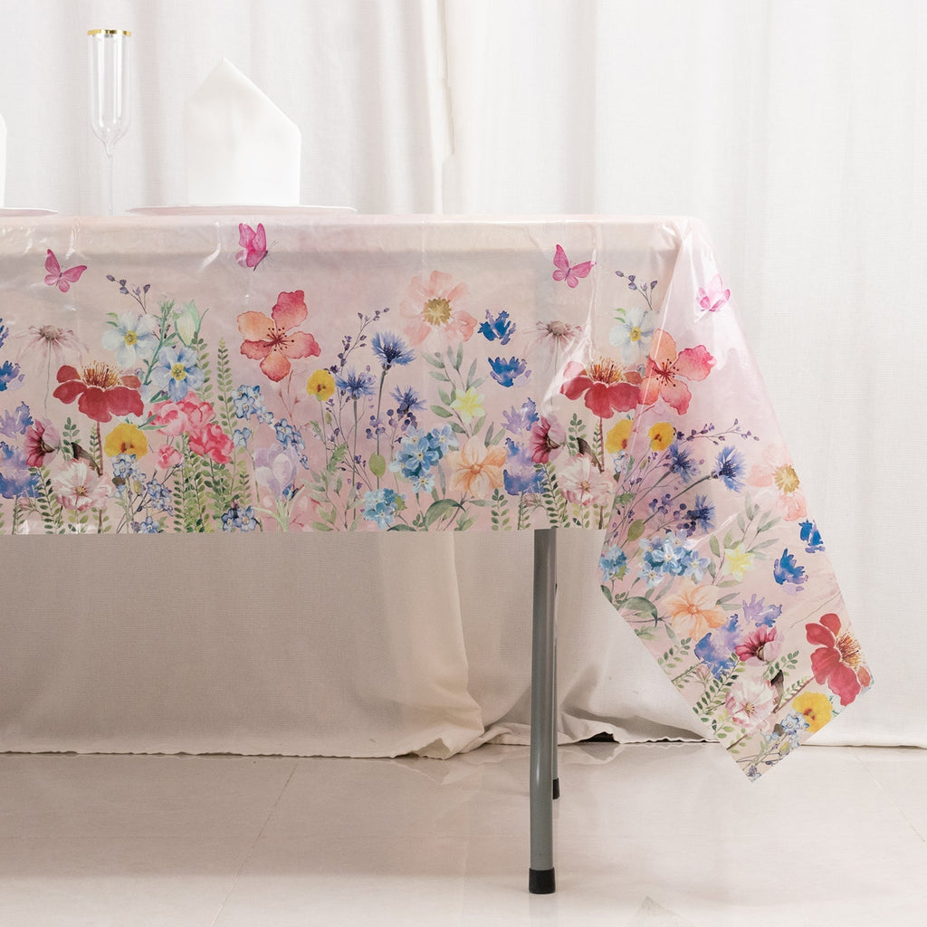 5 - Pack Plastic Table Covers Blush Rectangle with Butterfly Floral Print - Decorative PVC Disposable Covers 54"x108" - Bell Racket Store