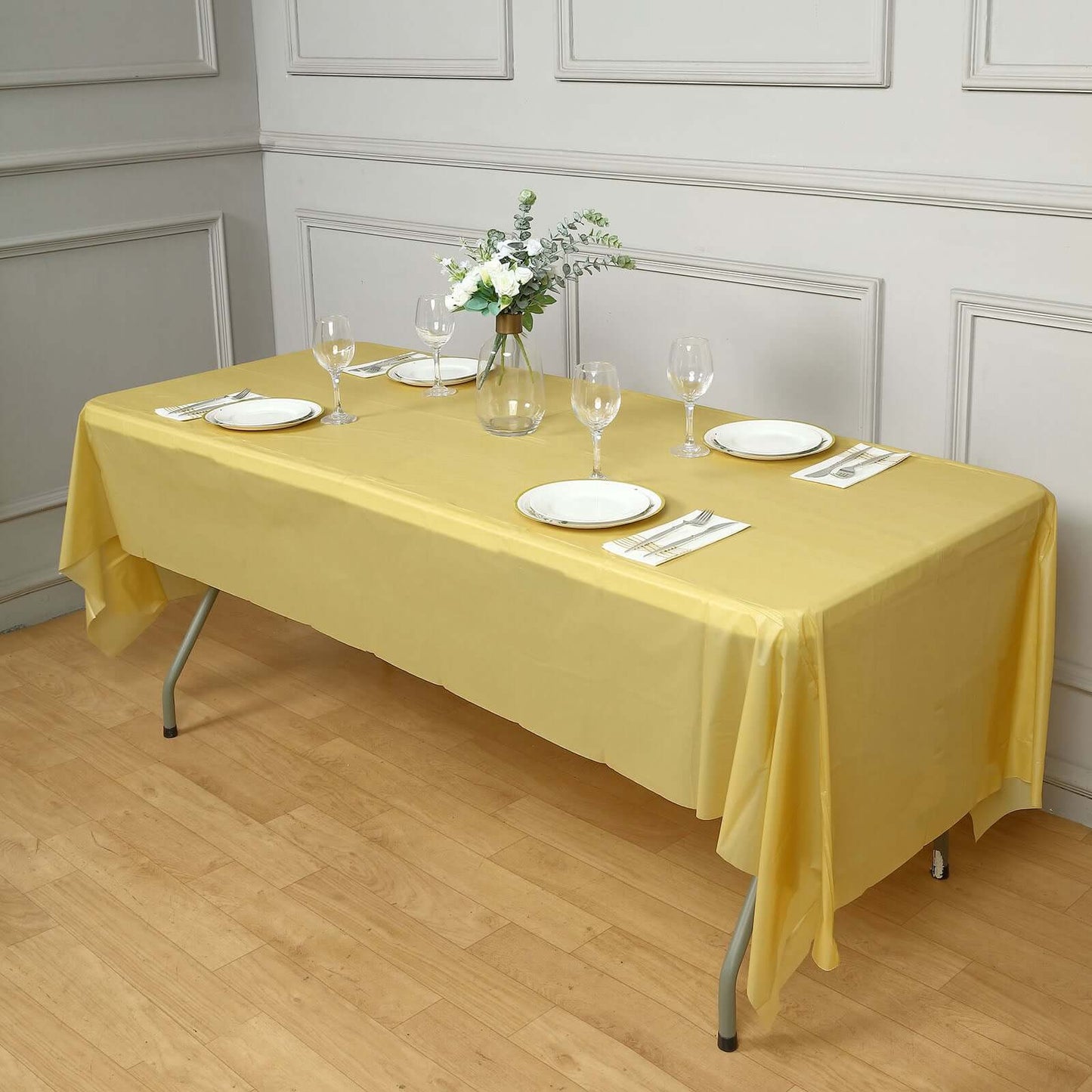 5 - Pack Plastic Table Covers Gold Rectangle - Reliable PVC Disposable Covers for Gatherings 54"x108" - NestOCart