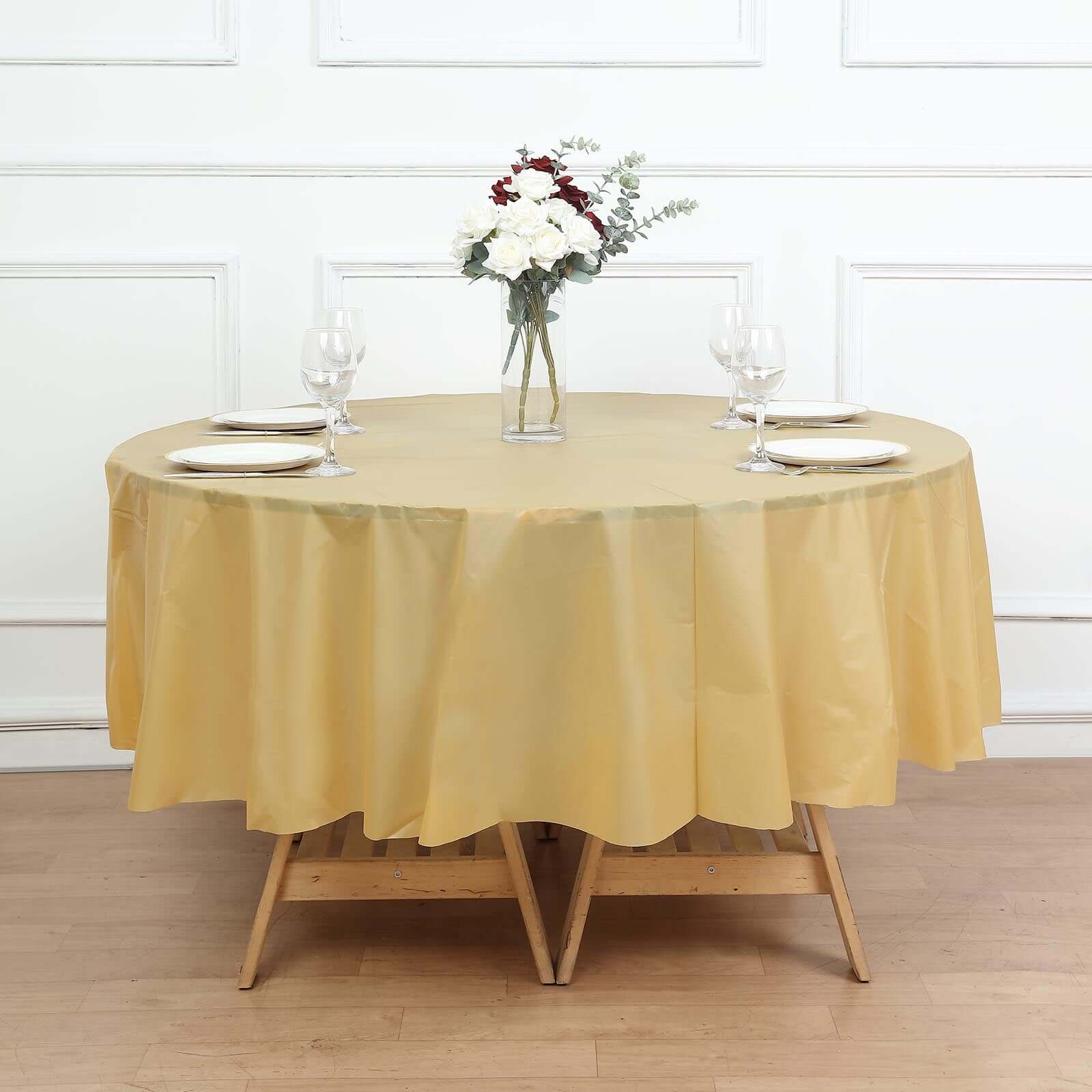 5 - Pack Plastic Table Covers Gold Round - Durable PVC Disposable Tablecloths for Events 84" - Bell Racket Store