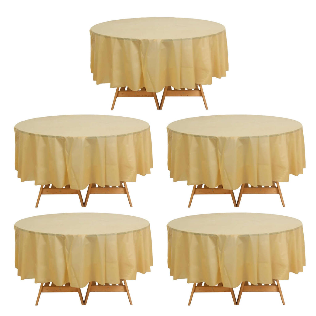 5 - Pack Plastic Table Covers Gold Round - Durable PVC Disposable Tablecloths for Events 84" - Bell Racket Store