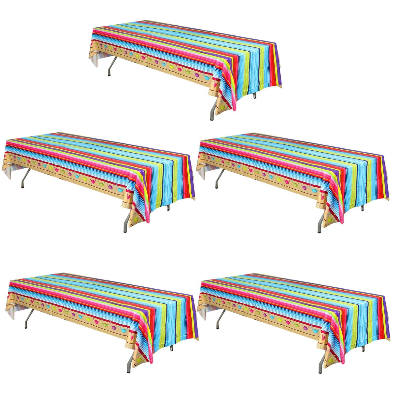 5 - Pack Plastic Table Covers Mexican Serape Rectangle - Vibrant PVC Disposable Tablecloths for Cinco De Mayo 54"x108" - Bell Racket Store
