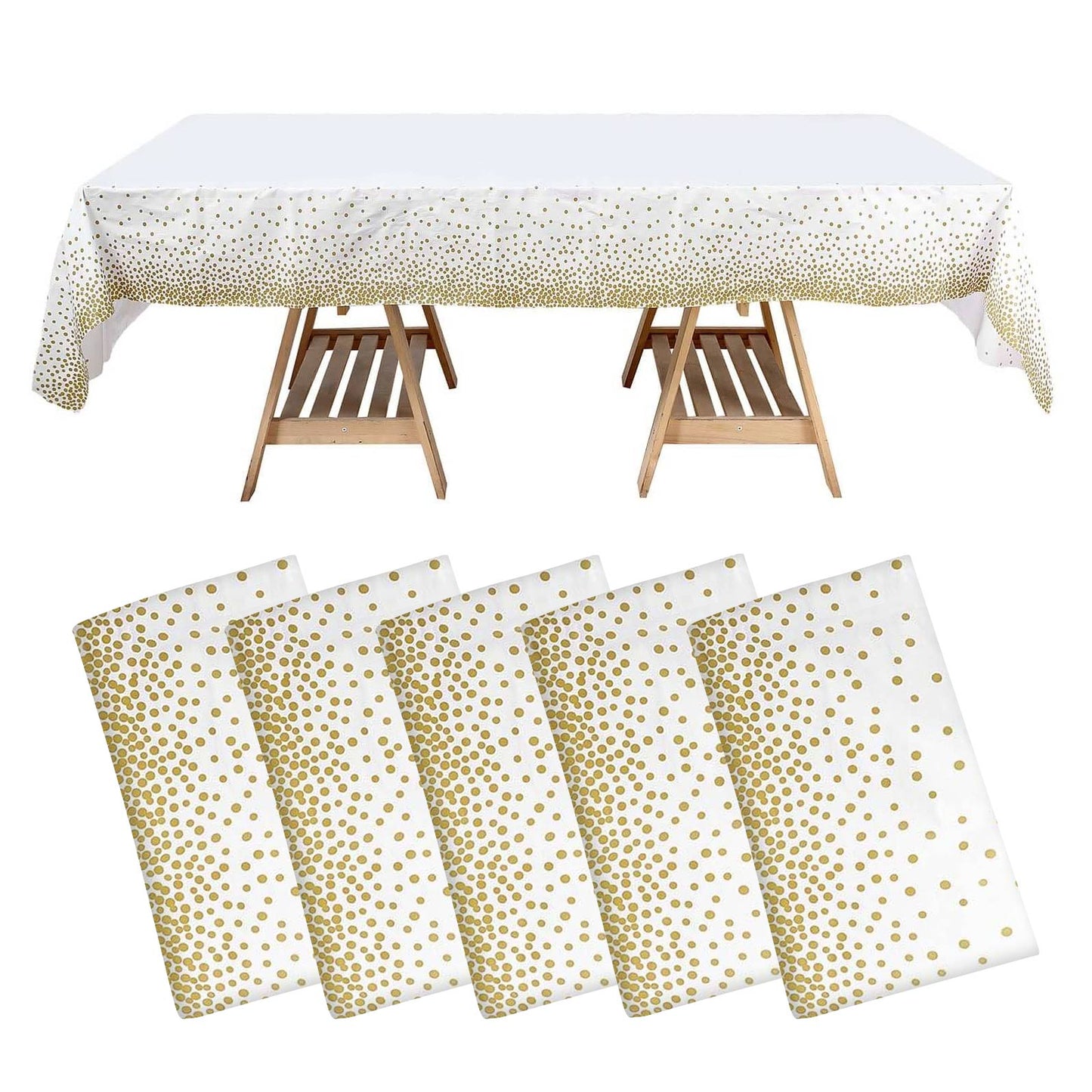 5 - Pack Plastic Table Covers White Rectangle with Gold Confetti Dots - Durable PVC Disposable Tablecloths for Events 54"x108" - Bell Racket Store