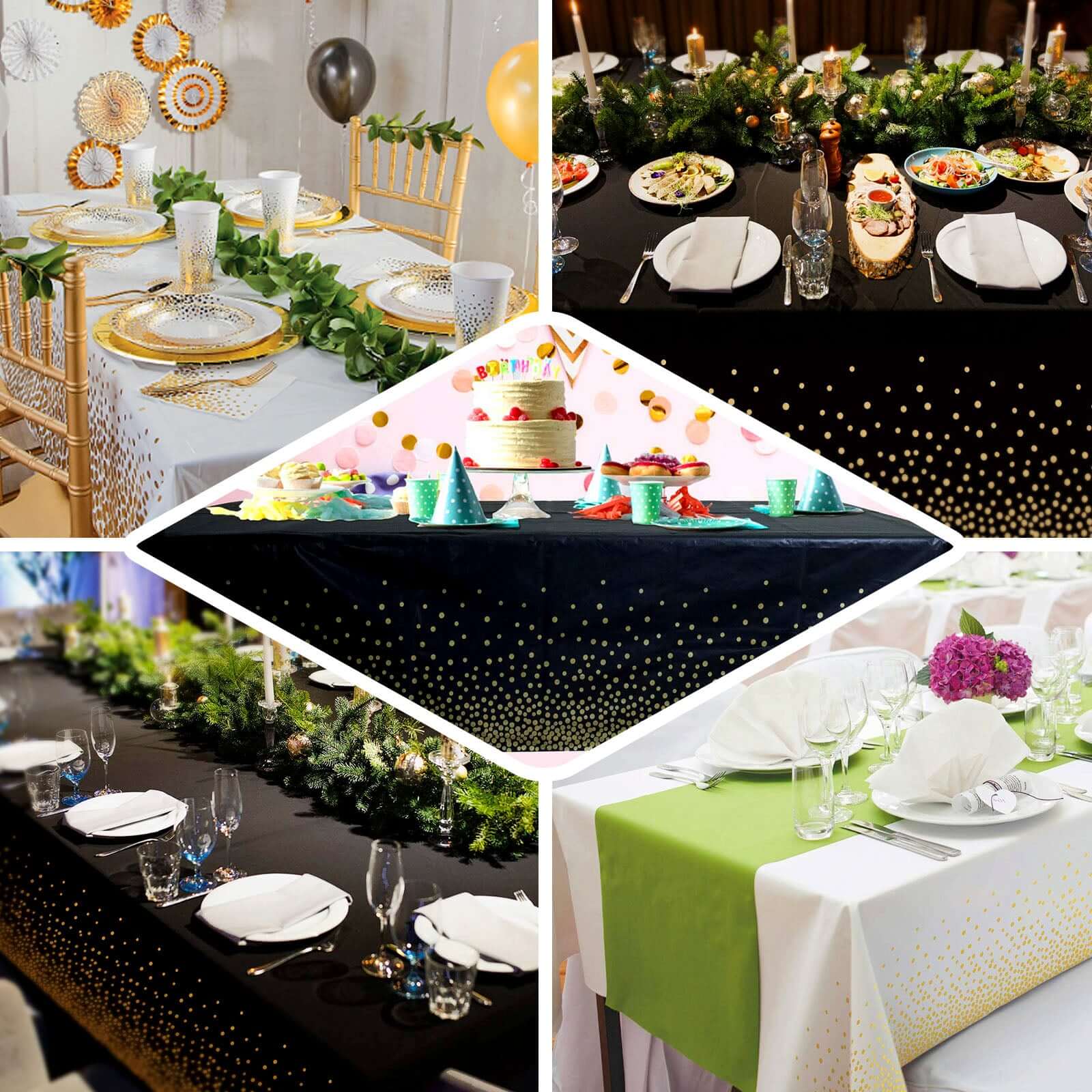 5 - Pack Plastic Table Covers White Rectangle with Gold Confetti Dots - Durable PVC Disposable Tablecloths for Events 54"x108" - Bell Racket Store