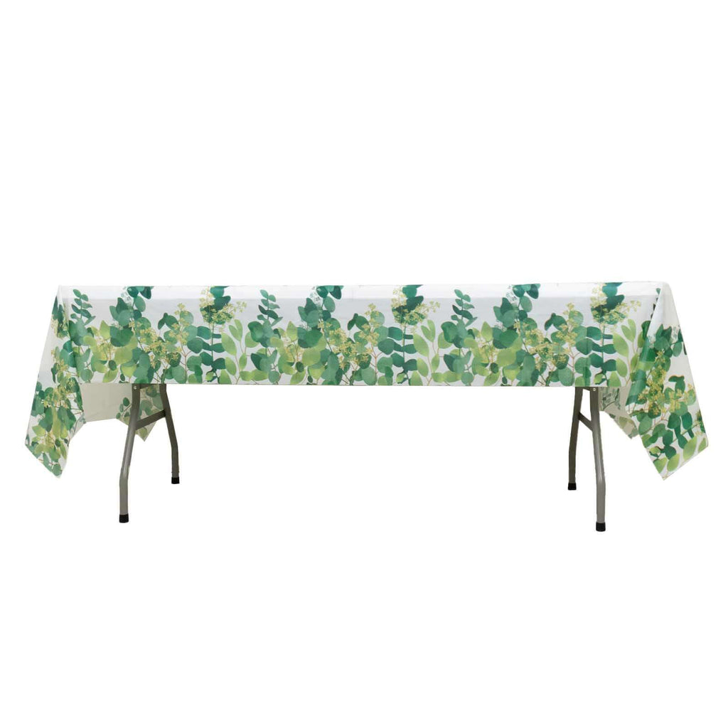 5 - Pack Plastic Table Covers White/Green Rectangle with Eucalyptus Leaves Print - Decorative PVC Disposable Tablecloths 54"x108" - Bell Racket Store