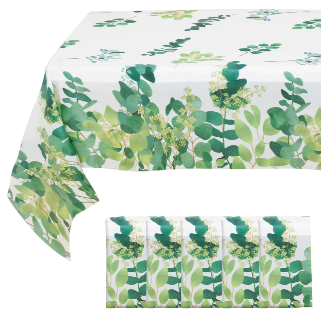 5 - Pack Plastic Table Covers White/Green Rectangle with Eucalyptus Leaves Print - Decorative PVC Disposable Tablecloths 54"x108" - Bell Racket Store