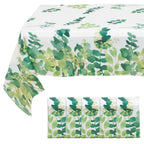 5 - Pack Plastic Table Covers White/Green Rectangle with Eucalyptus Leaves Print - Decorative PVC Disposable Tablecloths 54"x108" - Bell Racket Store