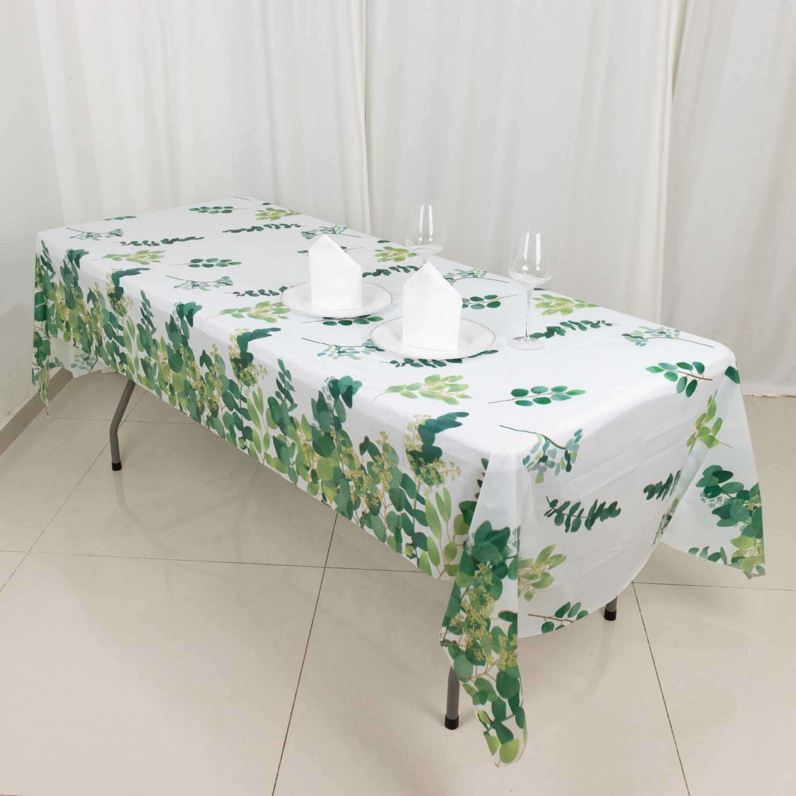 5 - Pack Plastic Table Covers White/Green Rectangle with Eucalyptus Leaves Print - Decorative PVC Disposable Tablecloths 54"x108" - Bell Racket Store