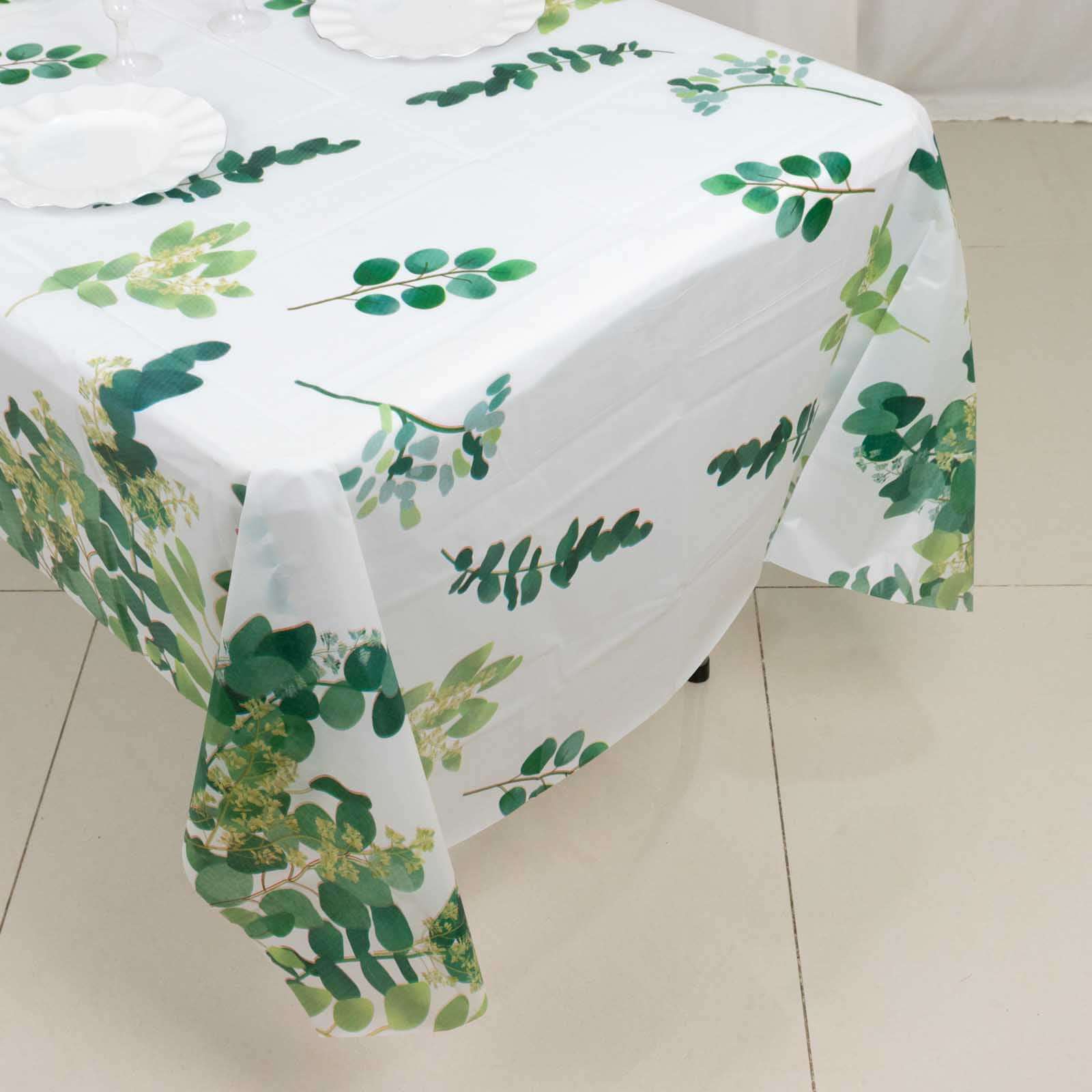 5 - Pack Plastic Table Covers White/Green Rectangle with Eucalyptus Leaves Print - Decorative PVC Disposable Tablecloths 54"x108" - Bell Racket Store