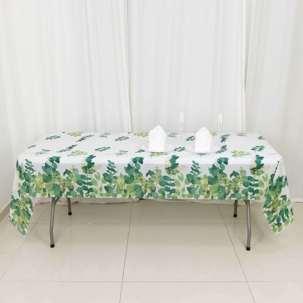 5 - Pack Plastic Table Covers White/Green Rectangle with Eucalyptus Leaves Print - Decorative PVC Disposable Tablecloths 54"x108" - Bell Racket Store