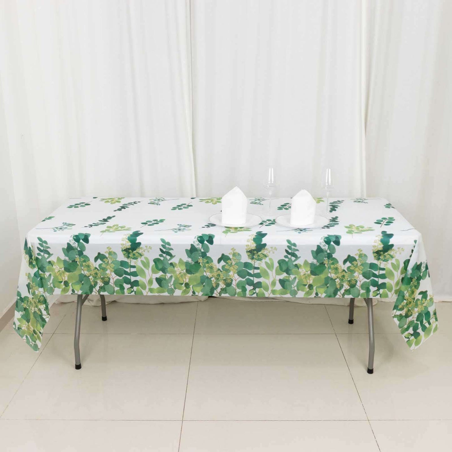 5 - Pack Plastic Table Covers White/Green Rectangle with Eucalyptus Leaves Print - Decorative PVC Disposable Tablecloths 54"x108" - Bell Racket Store