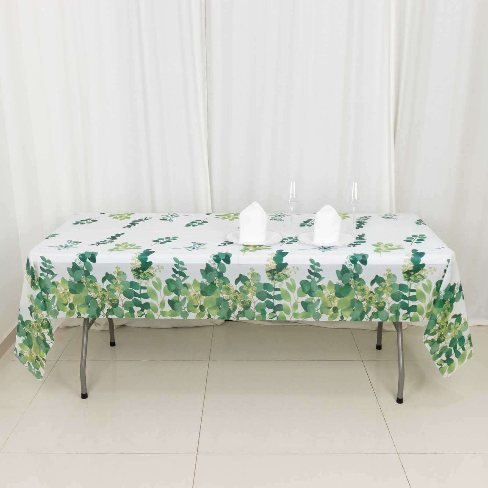 5 - Pack Plastic Table Covers White/Green Rectangle with Eucalyptus Leaves Print - Decorative PVC Disposable Tablecloths 54"x108" - Bell Racket Store