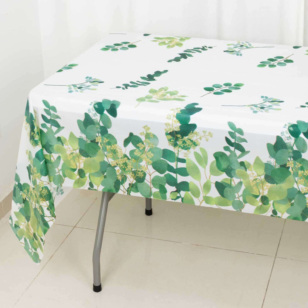 5 - Pack Plastic Table Covers White/Green Rectangle with Eucalyptus Leaves Print - Decorative PVC Disposable Tablecloths 54"x108" - Bell Racket Store