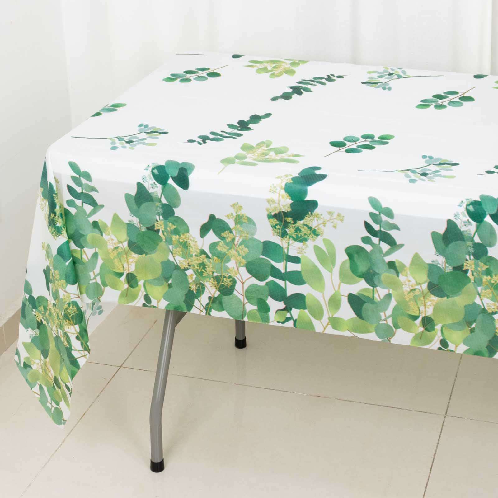 5 - Pack Plastic Table Covers White/Green Rectangle with Eucalyptus Leaves Print - Decorative PVC Disposable Tablecloths 54"x108" - Bell Racket Store