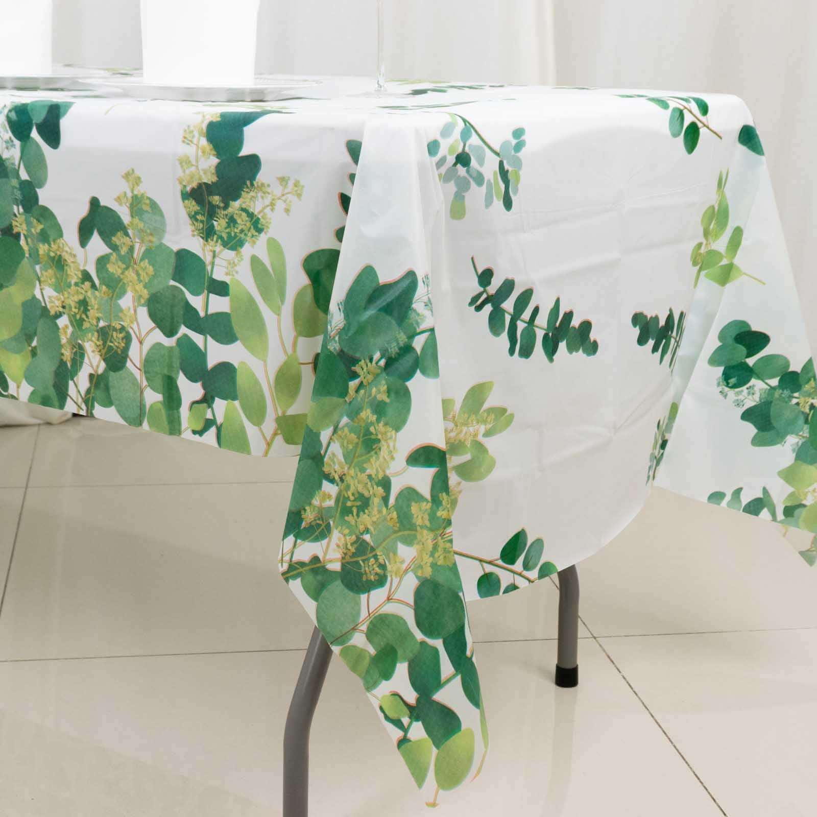 5 - Pack Plastic Table Covers White/Green Rectangle with Eucalyptus Leaves Print - Decorative PVC Disposable Tablecloths 54"x108" - Bell Racket Store