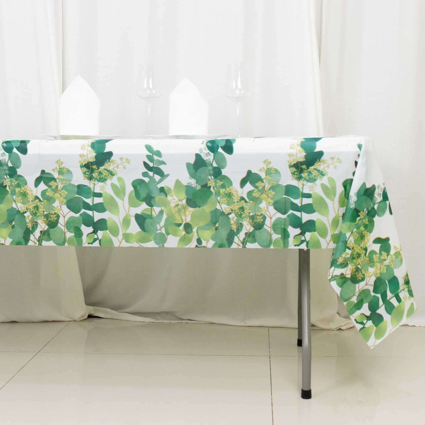 5 - Pack Plastic Table Covers White/Green Rectangle with Eucalyptus Leaves Print - Decorative PVC Disposable Tablecloths 54"x108" - Bell Racket Store