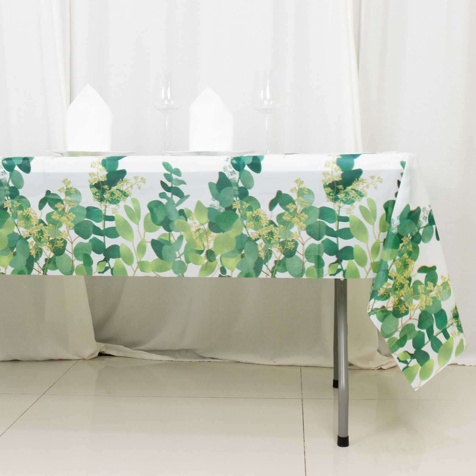 5 - Pack Plastic Table Covers White/Green Rectangle with Eucalyptus Leaves Print - Decorative PVC Disposable Tablecloths 54"x108" - Bell Racket Store