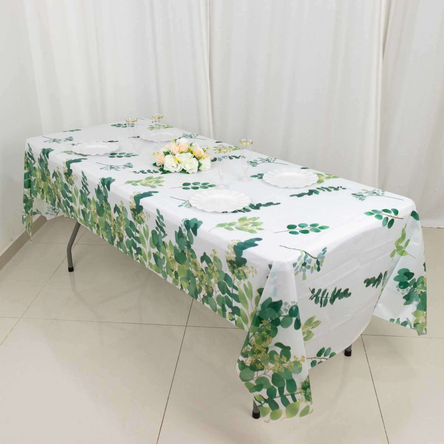 5 - Pack Plastic Table Covers White/Green Rectangle with Eucalyptus Leaves Print - Decorative PVC Disposable Tablecloths 54"x108" - Bell Racket Store