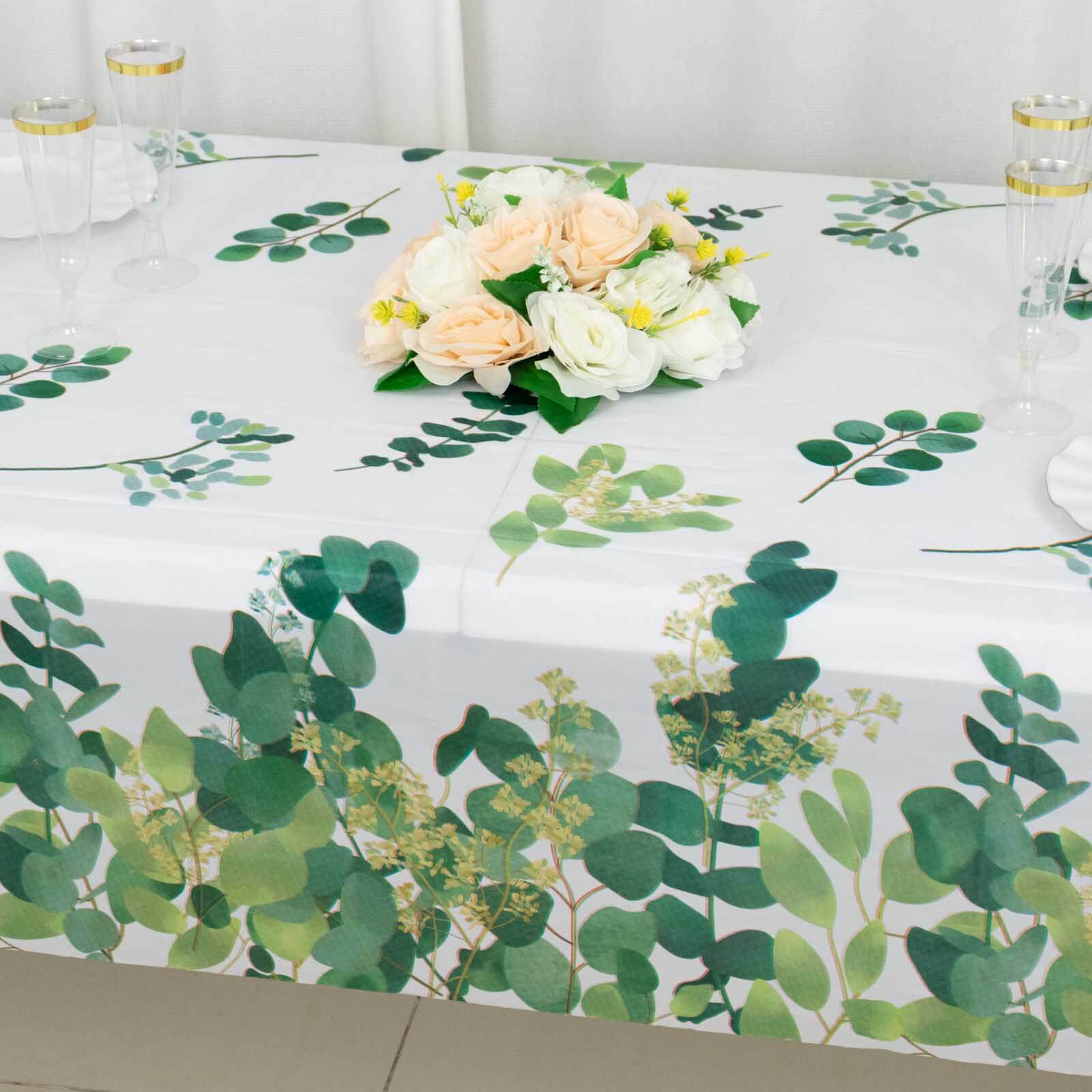 5 - Pack Plastic Table Covers White/Green Rectangle with Eucalyptus Leaves Print - Decorative PVC Disposable Tablecloths 54"x108" - Bell Racket Store