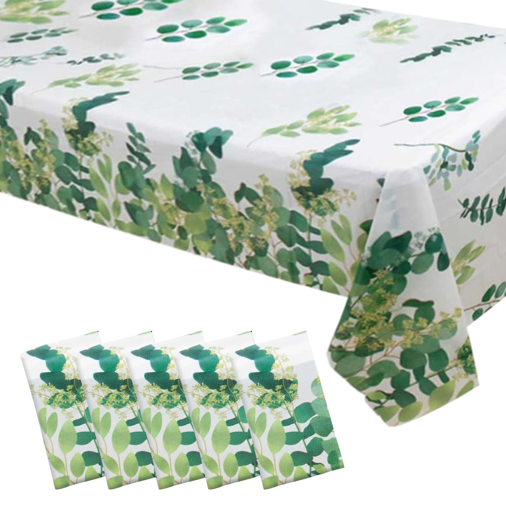 5 - Pack Plastic Table Covers White/Green Rectangle with Eucalyptus Leaves Print - Decorative PVC Disposable Tablecloths 54"x108" - Bell Racket Store