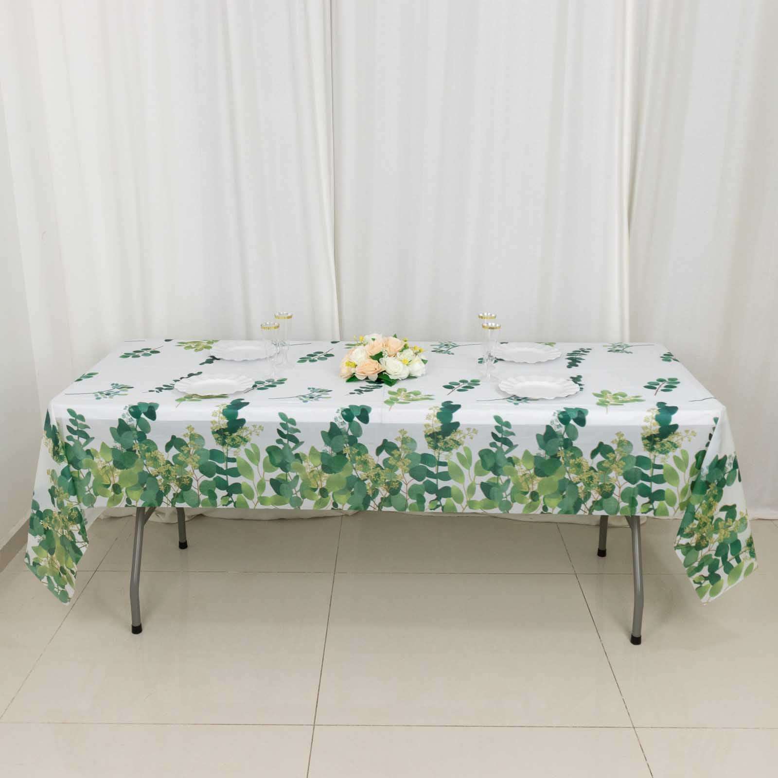 5 - Pack Plastic Table Covers White/Green Rectangle with Eucalyptus Leaves Print - Decorative PVC Disposable Tablecloths 54"x108" - Bell Racket Store