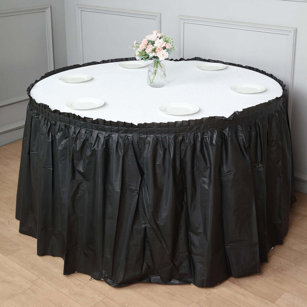 5 Pack Plastic Table Skirts Black Ruffled - Durable Disposable Skirts for Events 14ft - Bell Racket Store