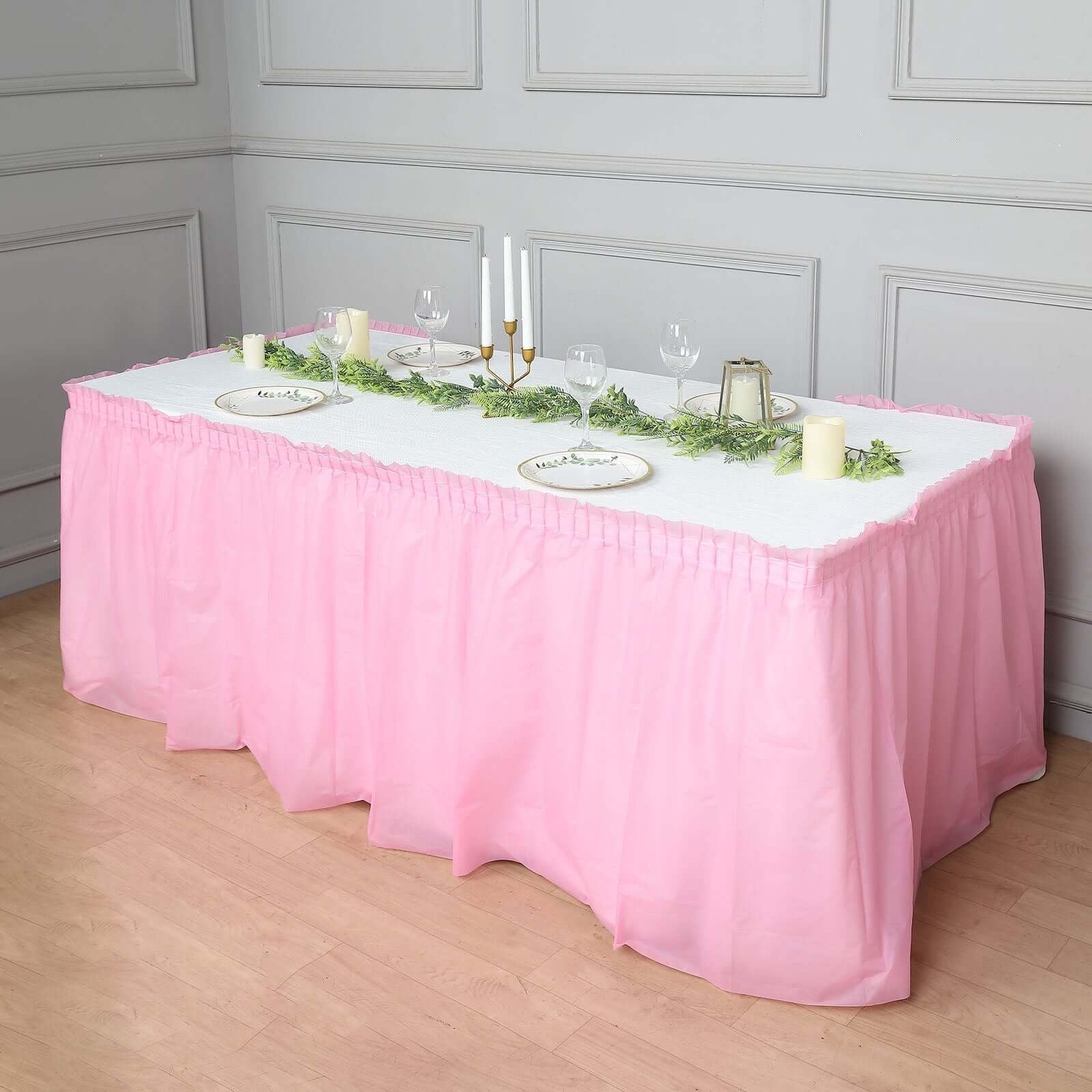 5 Pack Plastic Table Skirts Pink Ruffled - Durable Disposable Skirts for Events 14ft - Bell Racket Store