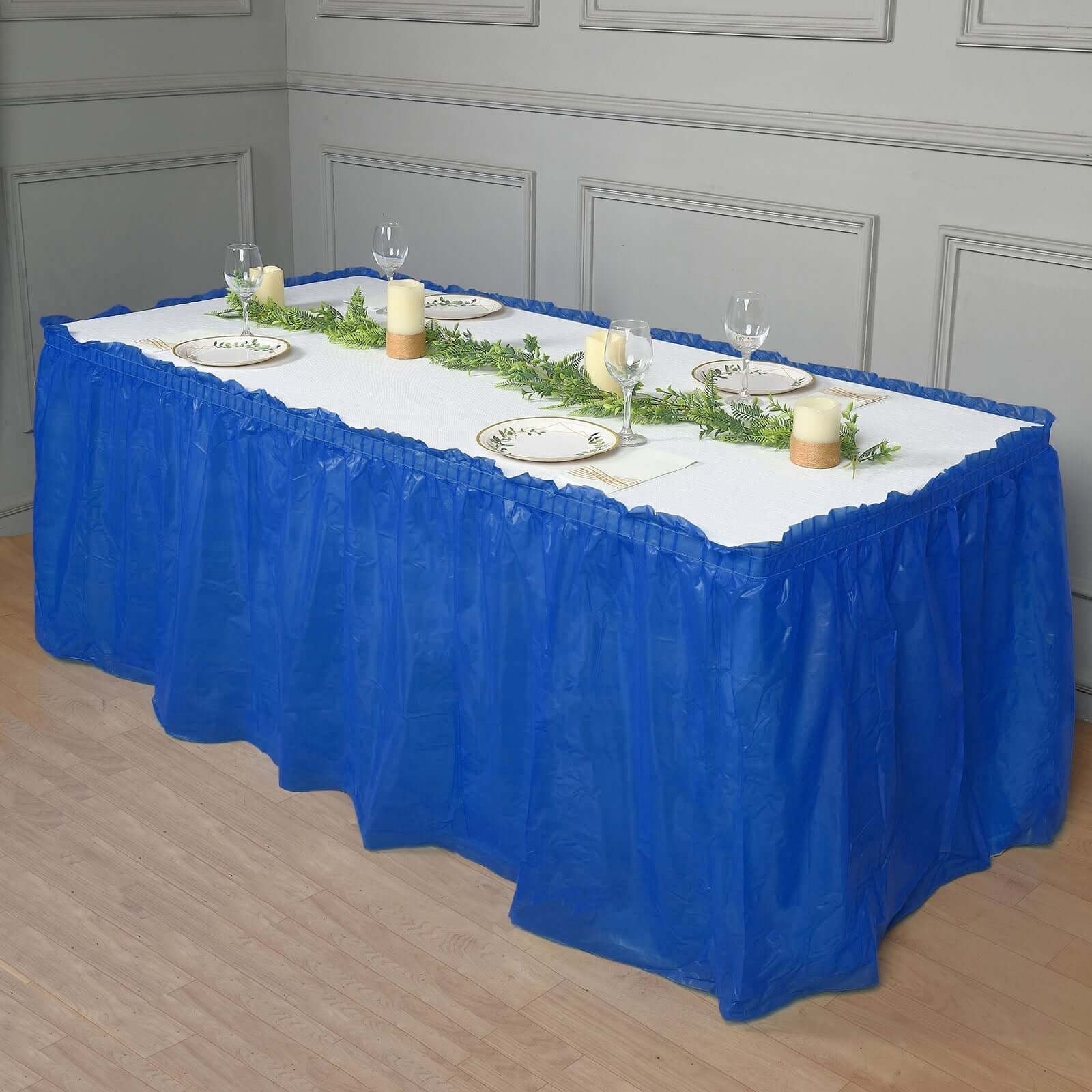 5 Pack Plastic Table Skirts Royal Blue Ruffled - Durable Disposable Skirts for Events 14ft - Bell Racket Store