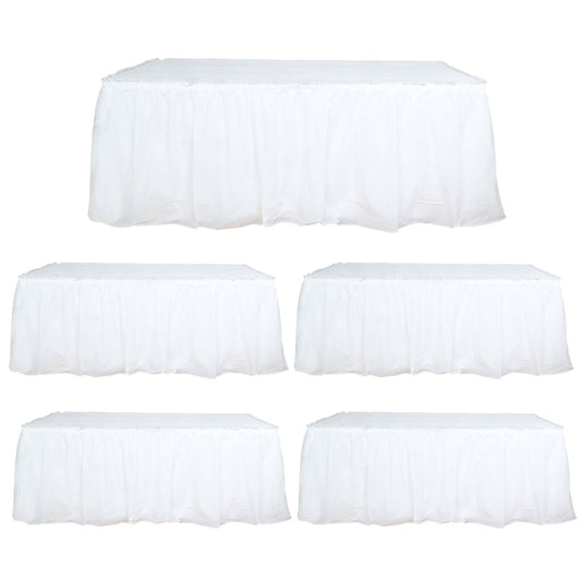 5 Pack Plastic Table Skirts White Ruffled - Durable Disposable Skirts for Events 14ft - Bell Racket Store