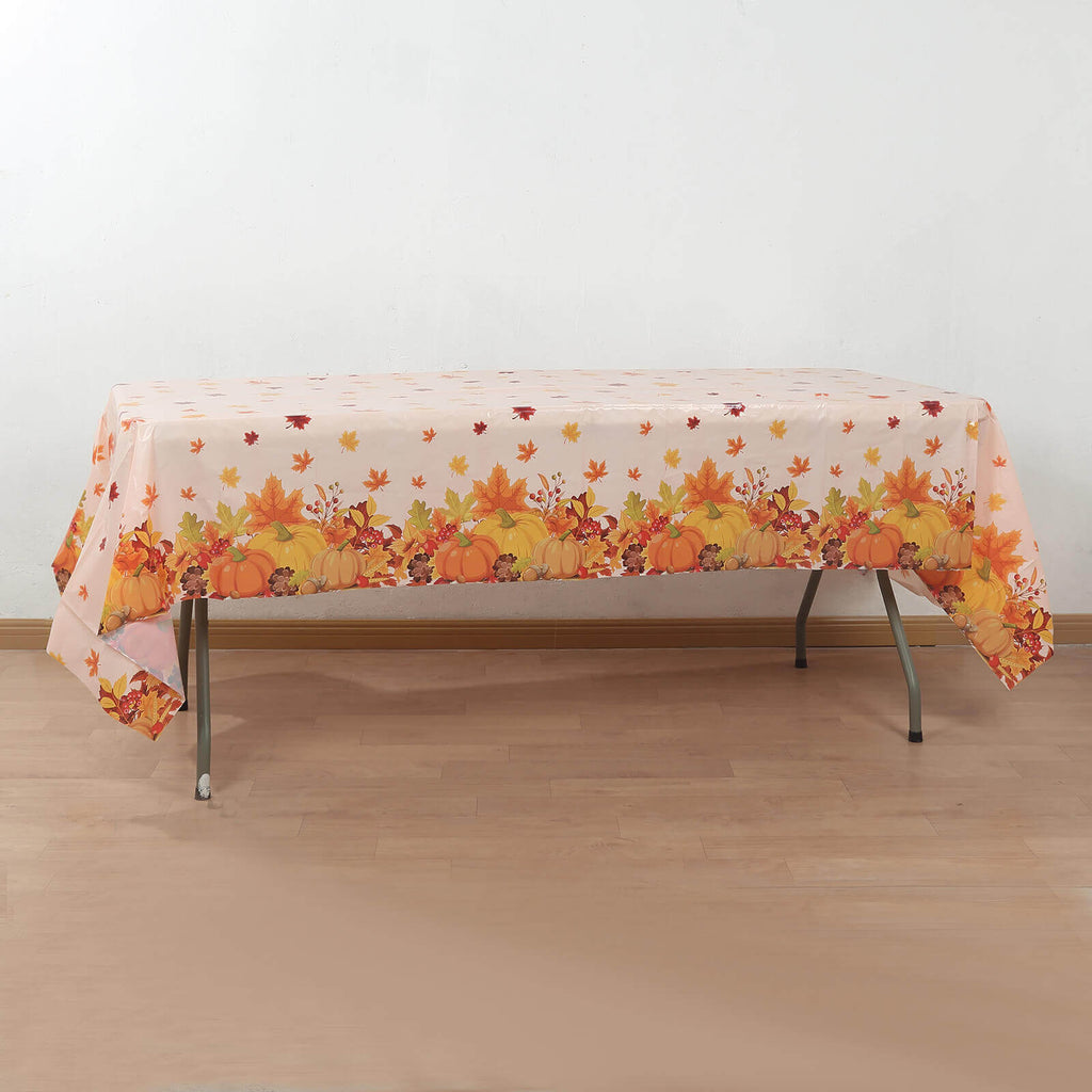 5 - Pack Plastic Tablecloths Orange Thanksgiving Rectangle with Fall Leaves Pumpkin Print - Festive PVC Disposable Table Covers 54"x108" - Bell Racket Store