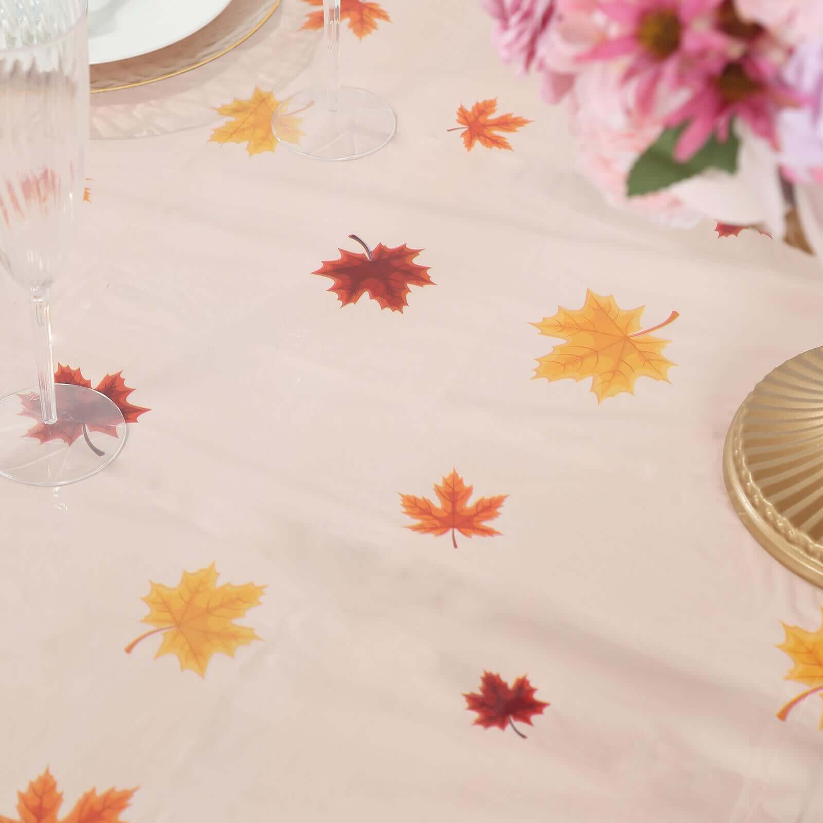 5 - Pack Plastic Tablecloths Orange Thanksgiving Rectangle with Fall Leaves Pumpkin Print - Festive PVC Disposable Table Covers 54"x108" - Bell Racket Store